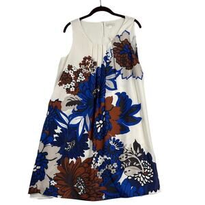 Garnet Hill Silk Dress Size 10 White Blue Floral Shift Sleeveless Pleated Lined